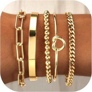 14K Real Gold Plated Bracelets for Women Stack,Bangle Cuff Bracelet Set Non Tarn